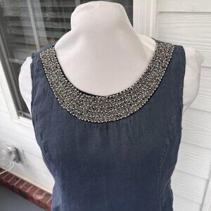 Lina Tomei Linen Dress Beaded Collar Women’s Large Made in Italy Blue Lagenlook